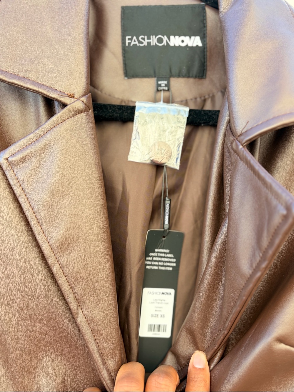 Fashion Nova Brown Faux Leather Double-Breasted Long Trench - Picture 6 of 8